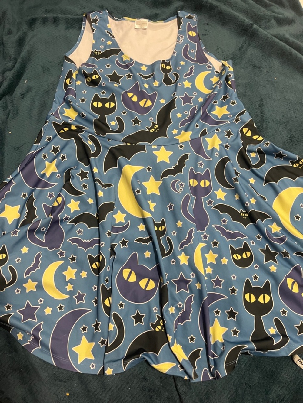 🐈‍⬛ ⭐️ Cowcow 🦇 🌙 Blue, Yellow colorful Cat, Bat, Star, & Moon Print Swing Dress